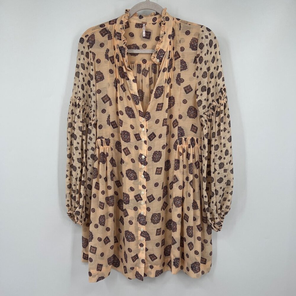 Free People Turn Turn Balloon Sleeve Printed Mini Swing Dress Size Small
